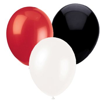 Ballonger, rød hvit og svart, 10 stk.