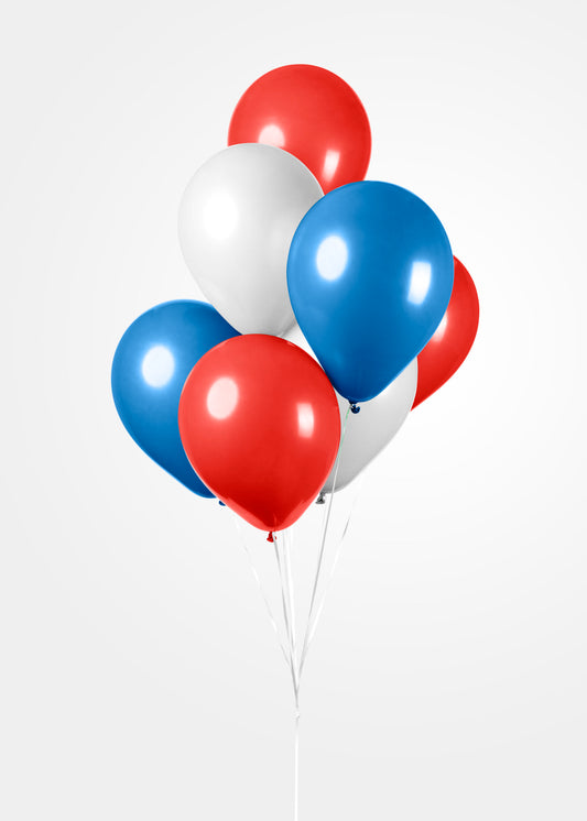 Ballonger, rød, hvit og blå, 10 stk.
