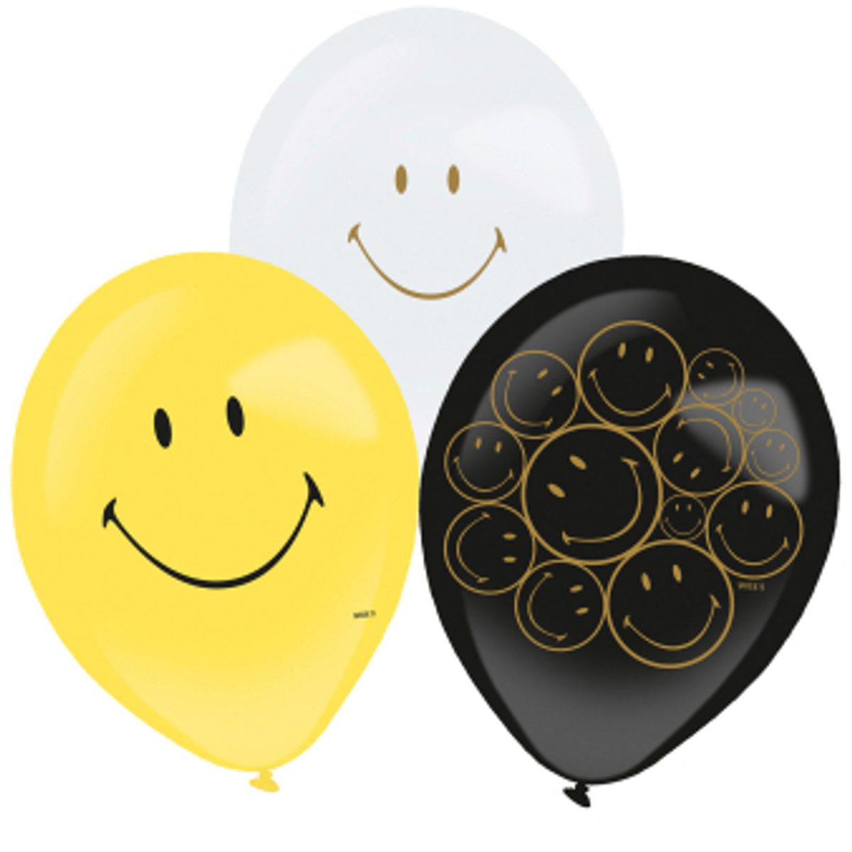 Emoji Smiley Ballonger, Svart, Hvit og Gul, 6 stk